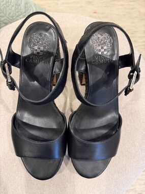 Vince Camuto Black Leather Ankle-Strap Block Heel Sandals